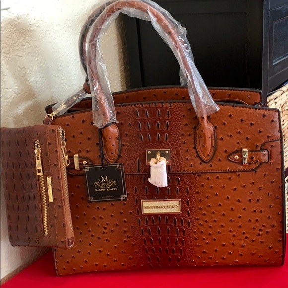 Martin-Klacko Handbags - Brown Ostrich & Croc Print Handbag + Clutch🌹